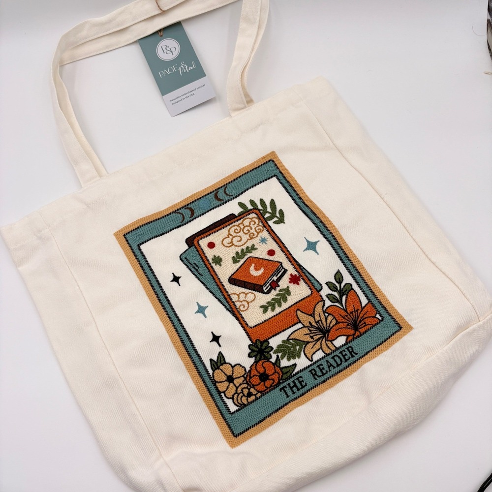 Page & Petal The Reader Tarot Card Embroidered Canvas Tote Bag Cream New